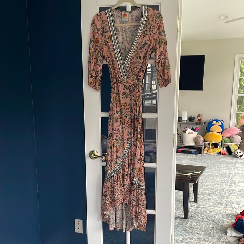 FARM Rio Brown and Pink Wrap Sundress with Bishop Sleeves
